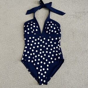 Boden One Piece Swimsuit Size 10 Navy Blue Polka Dot Ithaca Halter Retro